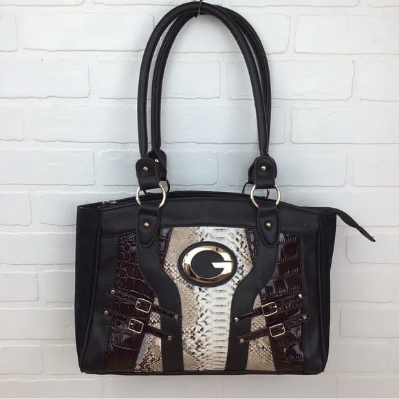 Shoulder bag black brown white snake pattern contemporary lightweight vegan purs - Picture 1 of 9